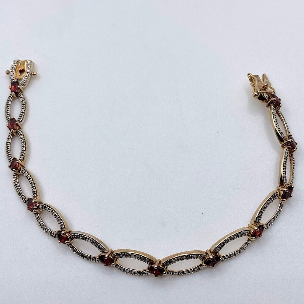 GOLD Plated Sterling Silver Garnet & Diamond? CZ Stone Tennis Bracelet 7.5”